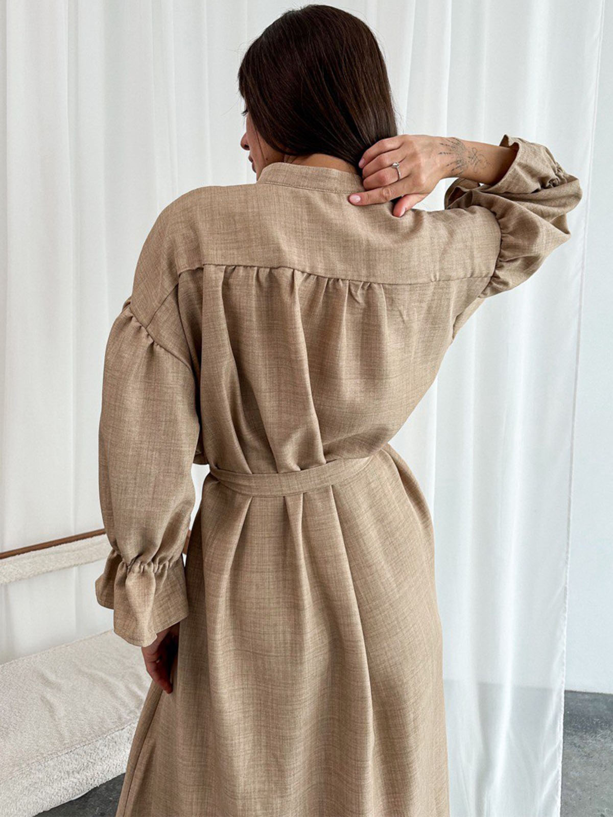 Лляна довга сукня-сорочка бежева оверсайз | 83023 Лляна довга сукня-сорочка бежева оверсайз | 83023