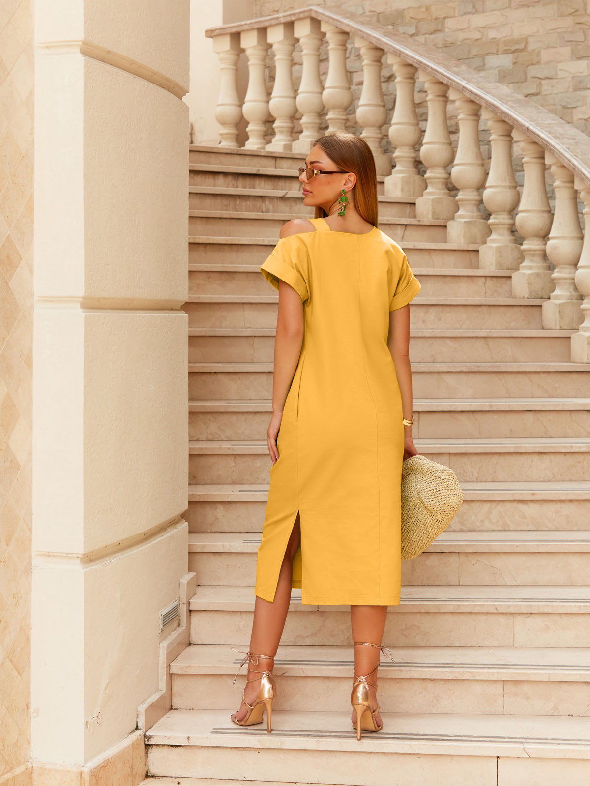 Літнє плаття жовте з відкритим плечем | 83256 Літнє плаття жовте з відкритим плечем | 83256