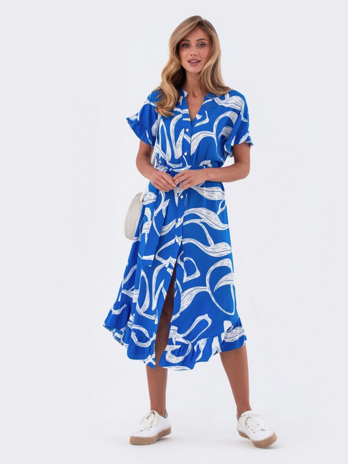 Принтована сукня блакитна з оборкою по низу | 82810 Принтована сукня блакитна з оборкою по низу | 82810