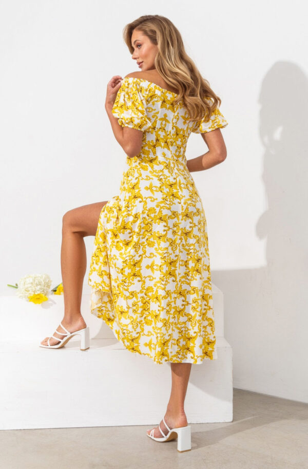 Сукня жовта в принт з куліскою на ліфі | 82691