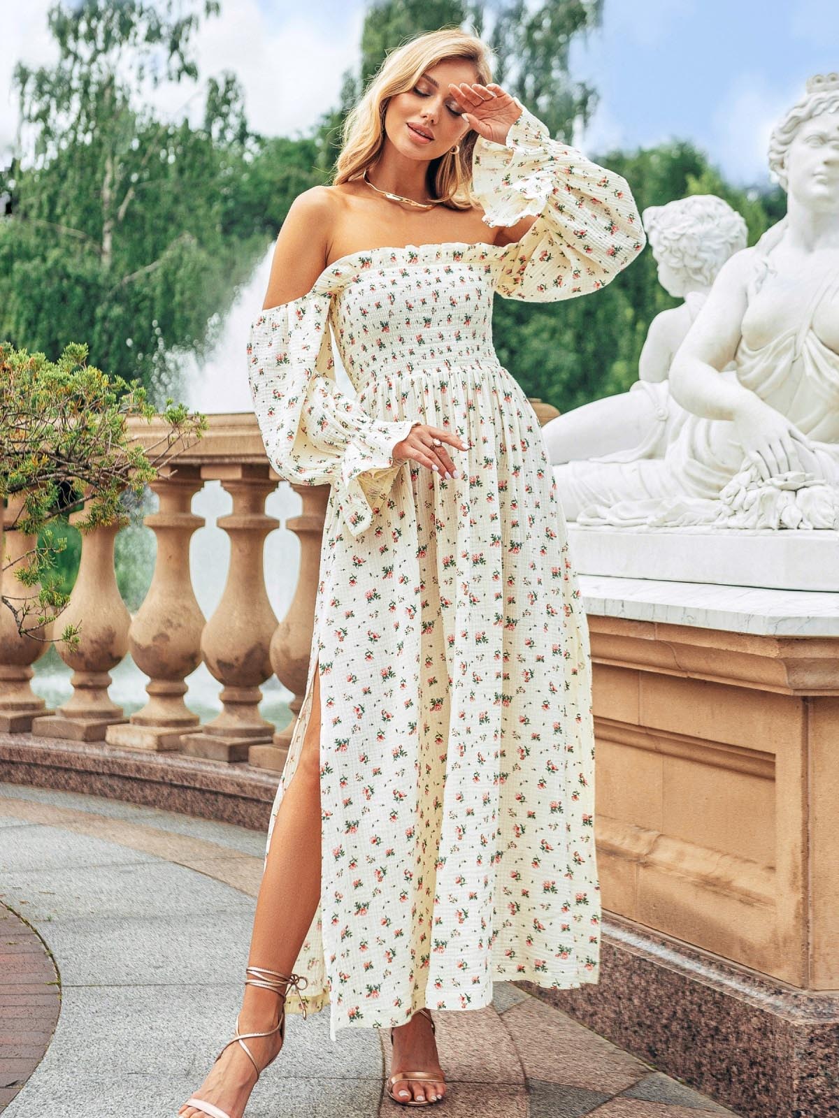 Сукня біла в принт з об'ємними рукавами | 83341 Сукня біла в принт з об'ємними рукавами | 83341