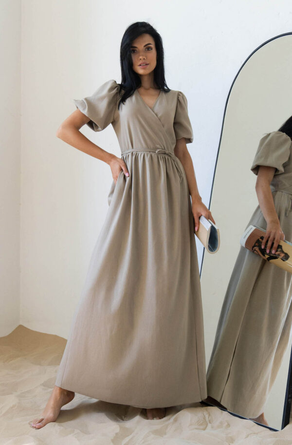 Літнє довге плаття на запах з льону бежеве | 83398