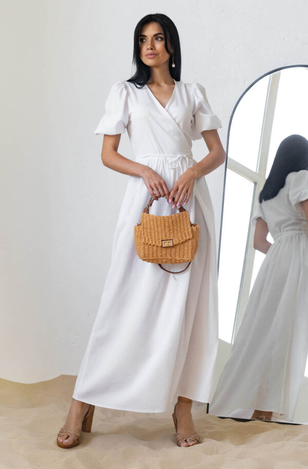 Літнє довге плаття на запах з льону біле | 83385