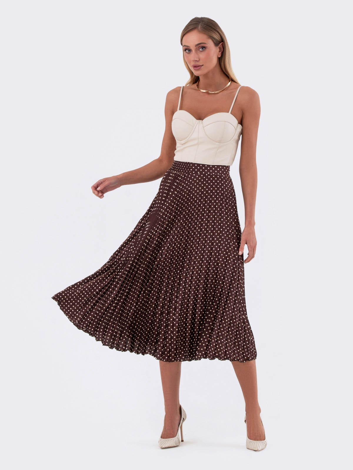 Плісирована спідниця коричнева в горошок | 83547 Плісирована спідниця коричнева в горошок | 83547