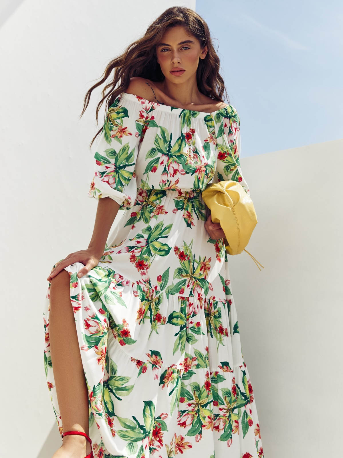 Літня сукня біла в зелений принт зі штапелю | 83955 Літня сукня біла в зелений принт зі штапелю | 83955