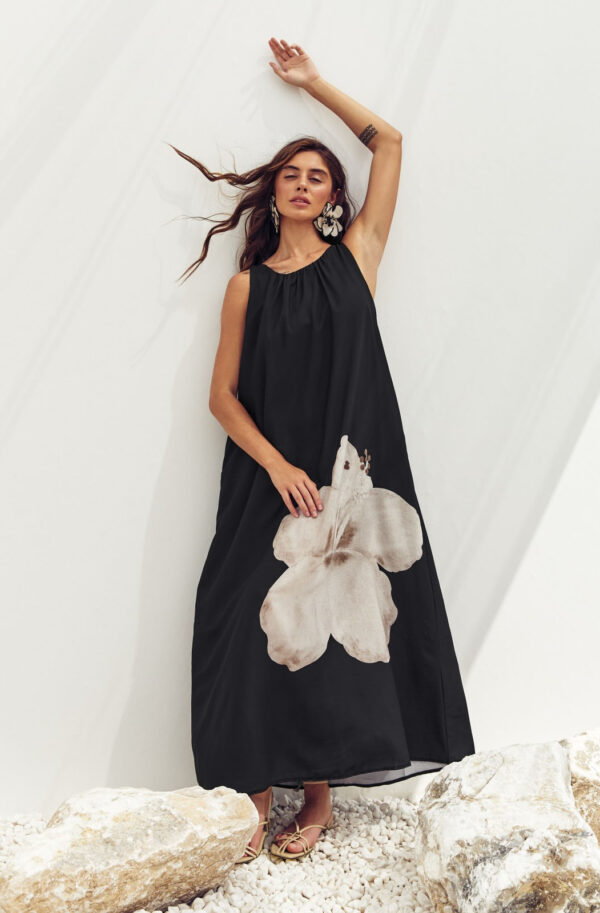 Літня шифонова сукня чорна з принтом квітки | 83922