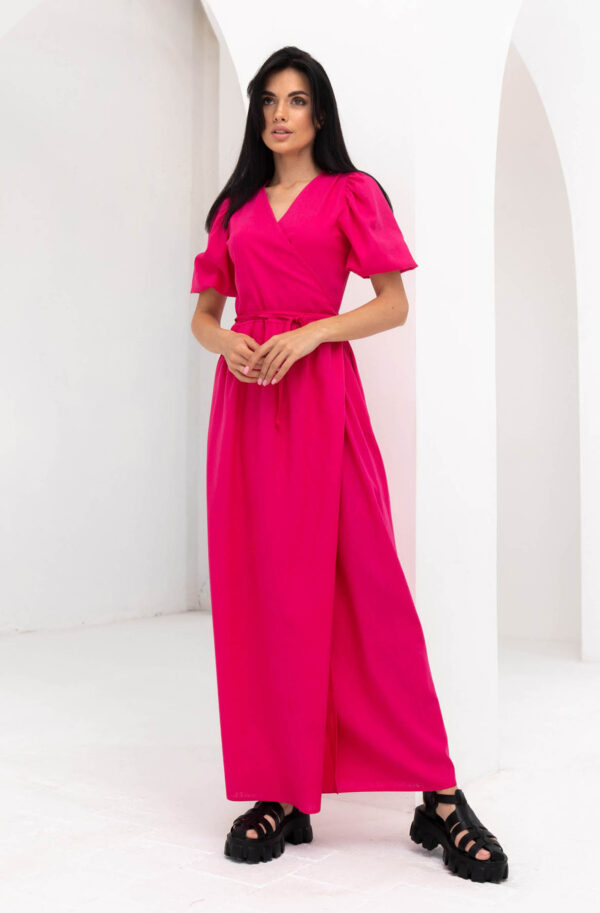 Літнє довге плаття на запах з льону малинове | 83468