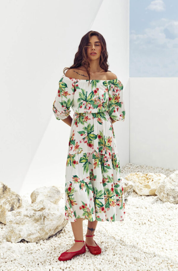 Літня сукня біла в зелений принт зі штапелю | 83955