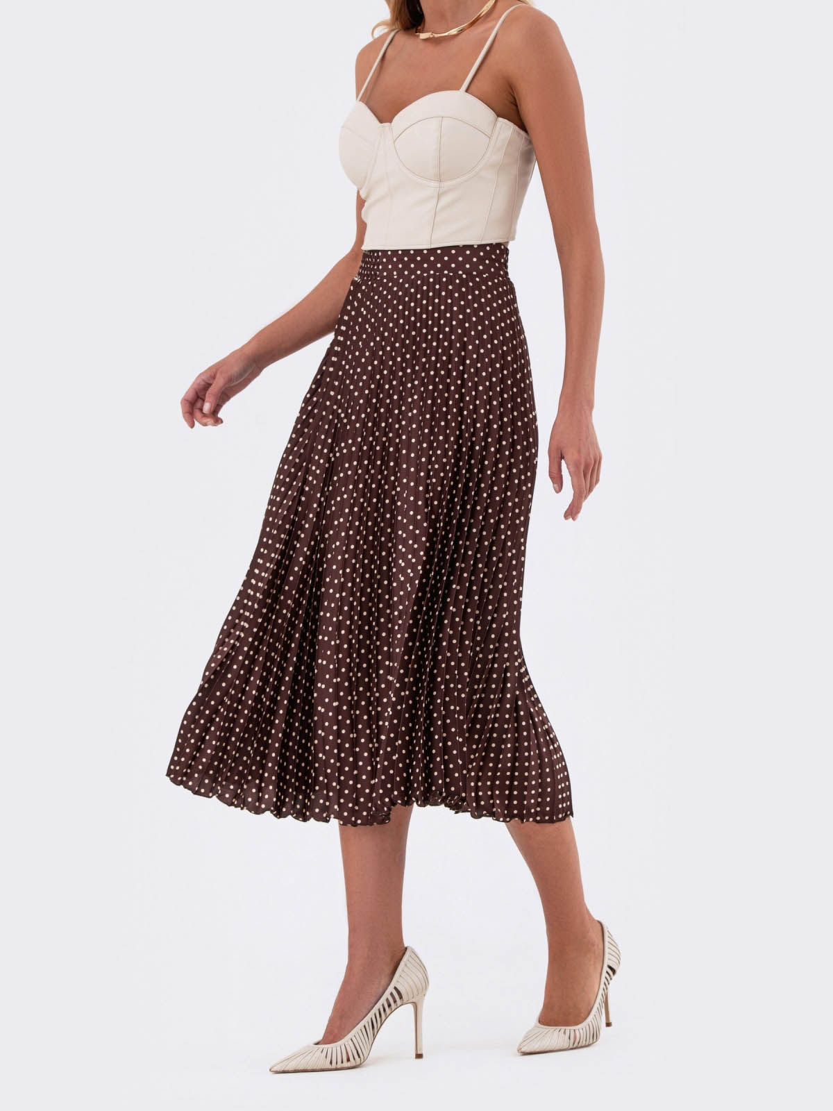 Плісирована спідниця коричнева в горошок | 83547 Плісирована спідниця коричнева в горошок | 83547