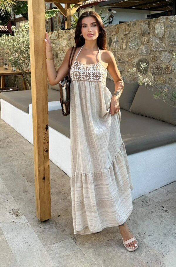 Літній бавовняний сарафан бежевий в принт | 83904