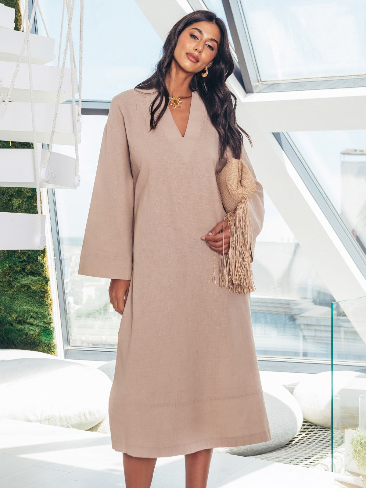 Бавовняна сукня-міді вільного крою бежева | 83945 Бавовняна сукня-міді вільного крою бежева | 83945