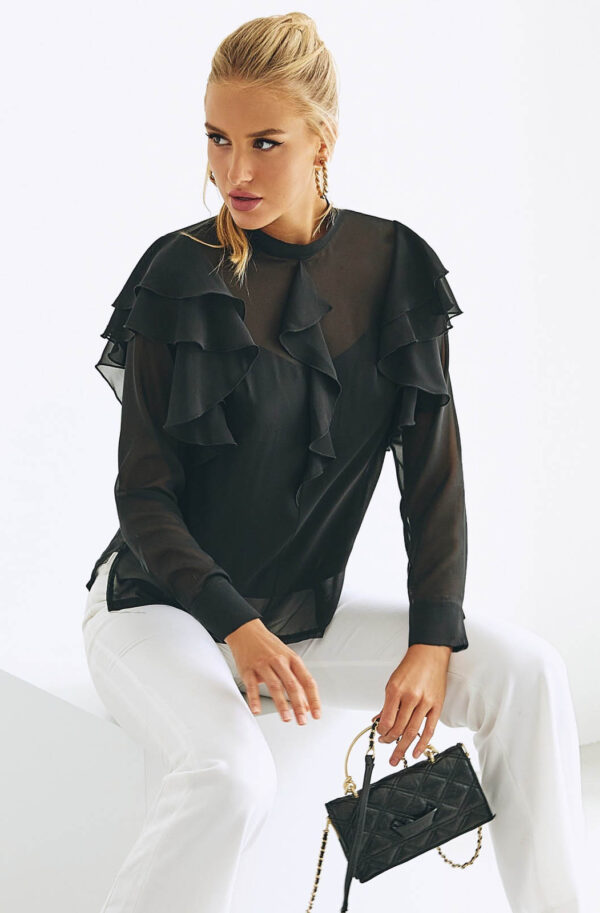 Шифонова блузка чорна з оборками | 84125