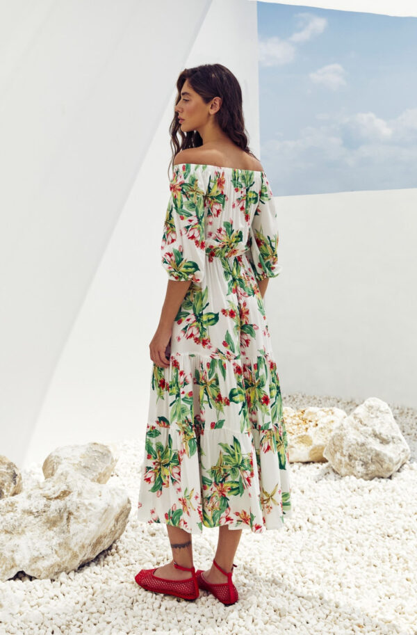 Літня сукня біла в зелений принт зі штапелю | 83955