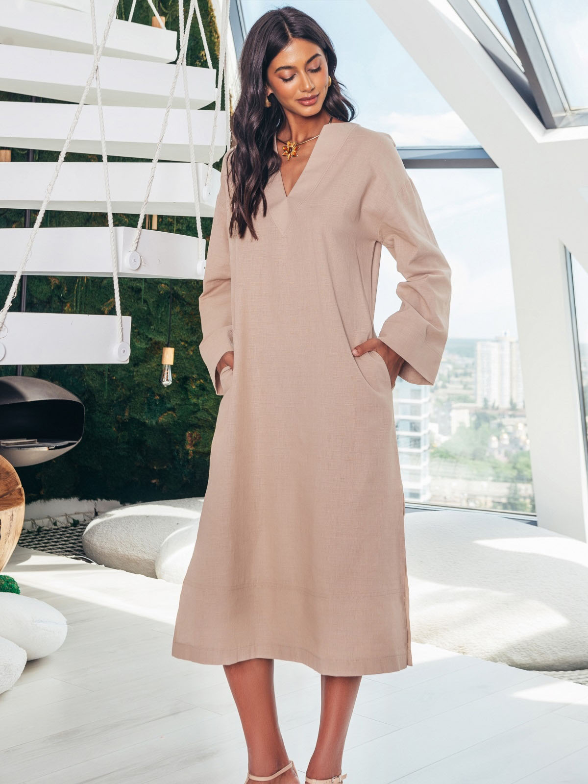 Бавовняна сукня-міді вільного крою бежева | 83945 Бавовняна сукня-міді вільного крою бежева | 83945