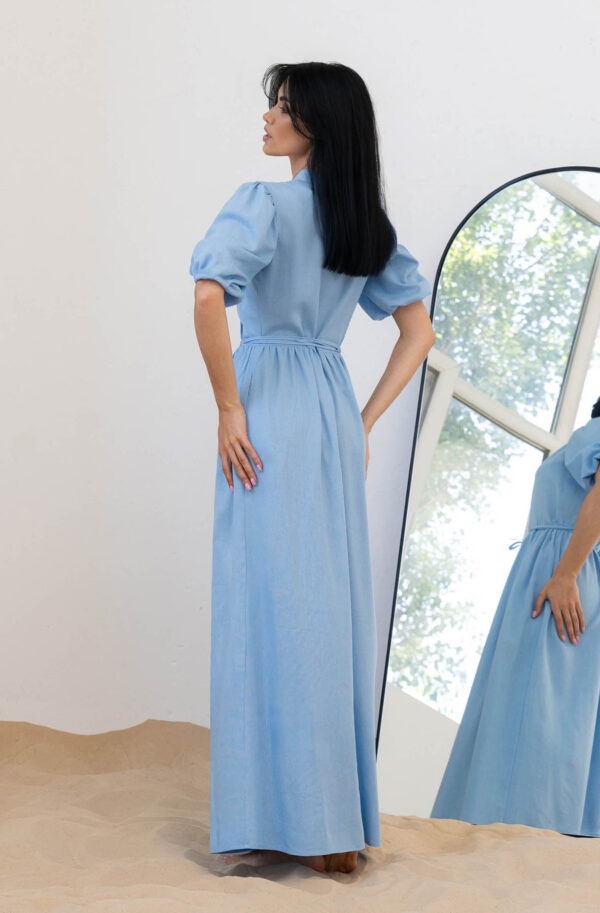 Літнє довге плаття на запах з льону блакитне | 83456