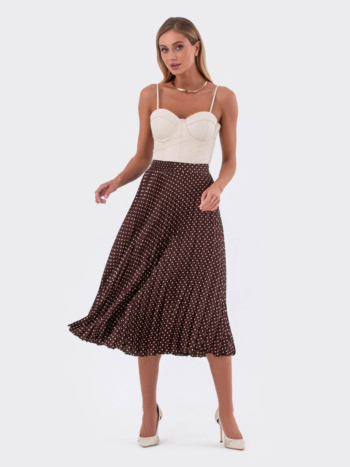 Плісирована спідниця коричнева в горошок | 83547 Плісирована спідниця коричнева в горошок | 83547