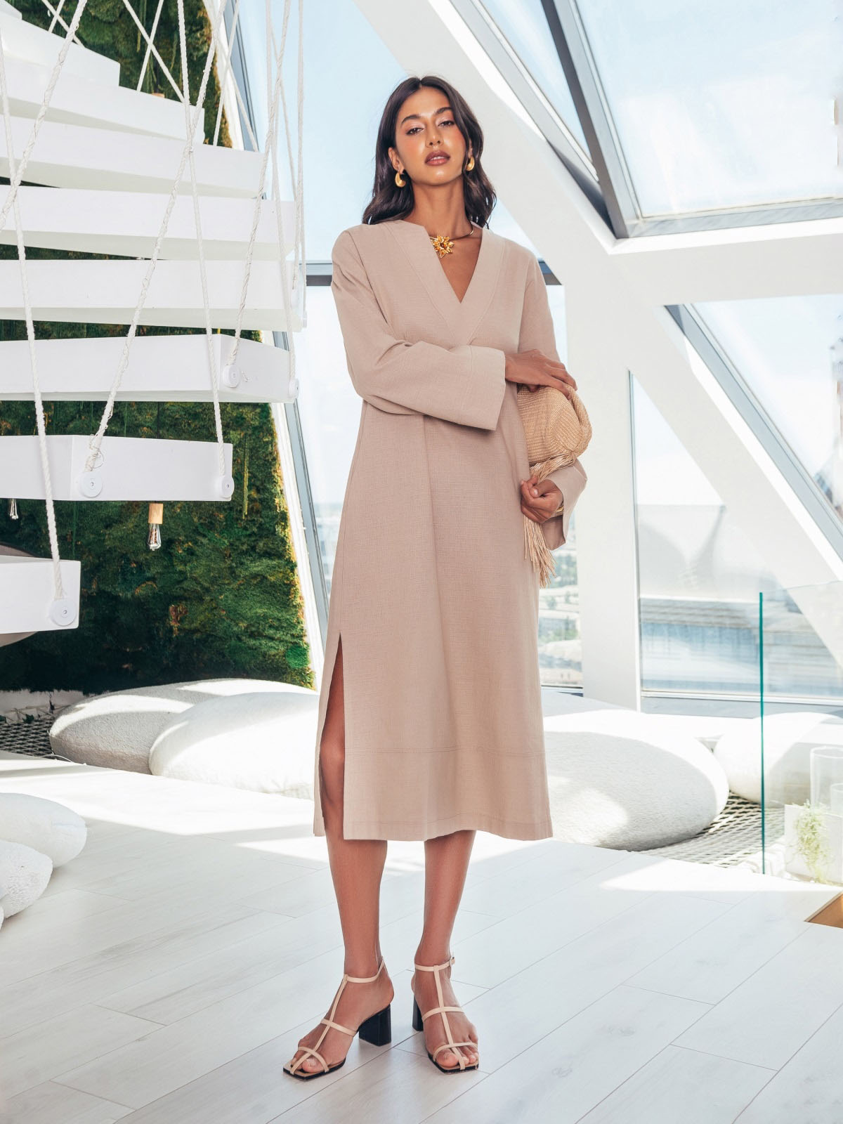 Бавовняна сукня-міді вільного крою бежева | 83945 Бавовняна сукня-міді вільного крою бежева | 83945