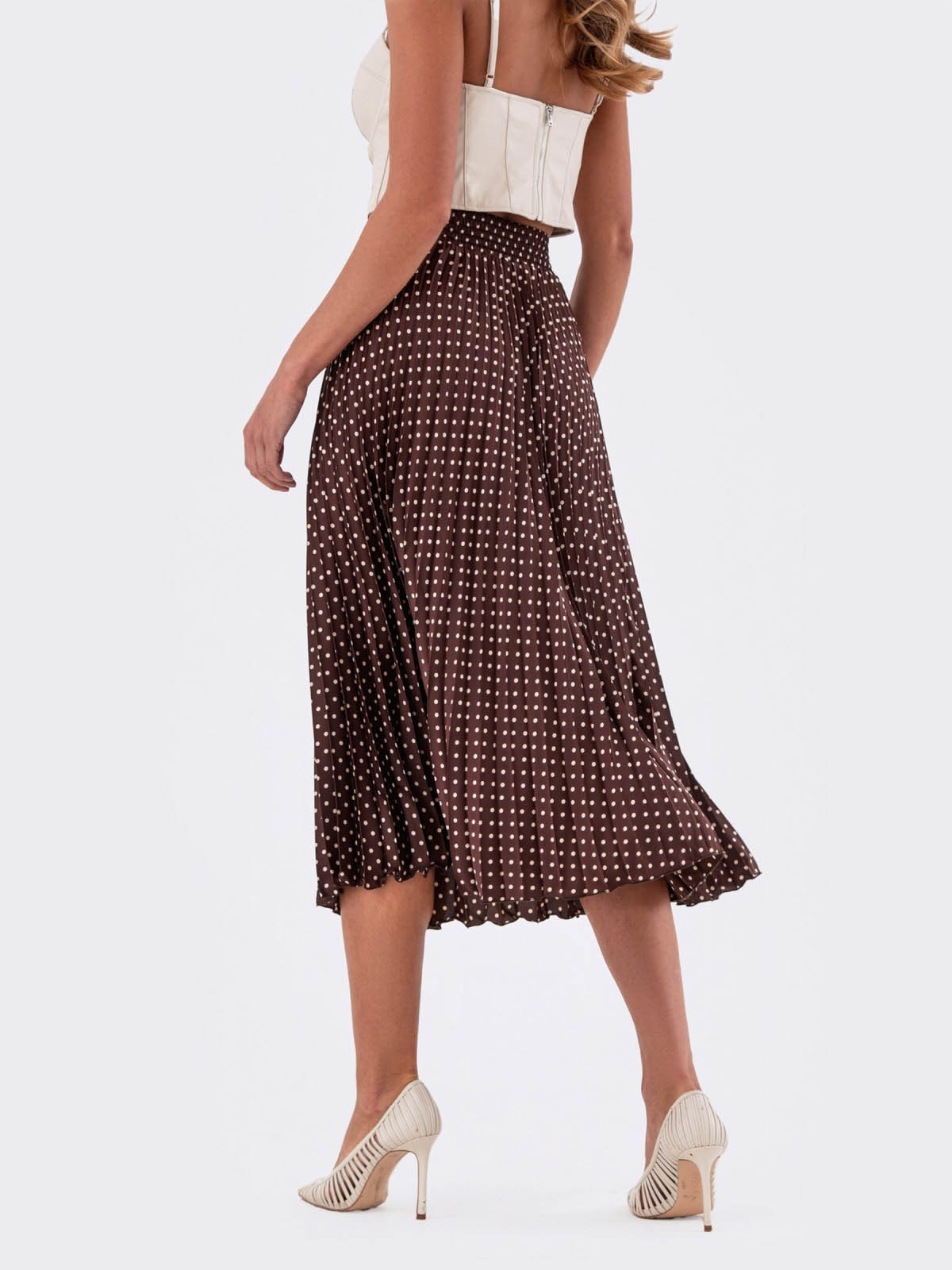Плісирована спідниця коричнева в горошок | 83547 Плісирована спідниця коричнева в горошок | 83547