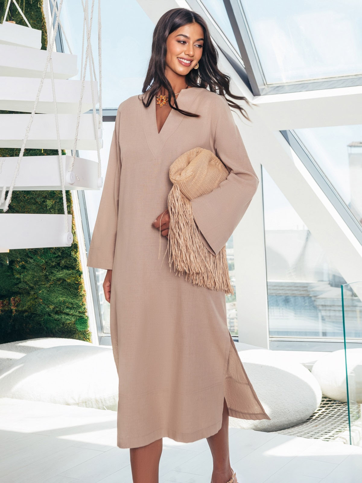 Бавовняна сукня-міді вільного крою бежева | 83945 Бавовняна сукня-міді вільного крою бежева | 83945