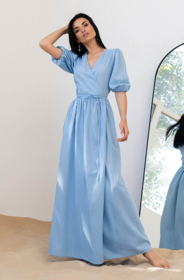 Літнє довге плаття на запах з льону блакитне | 83456