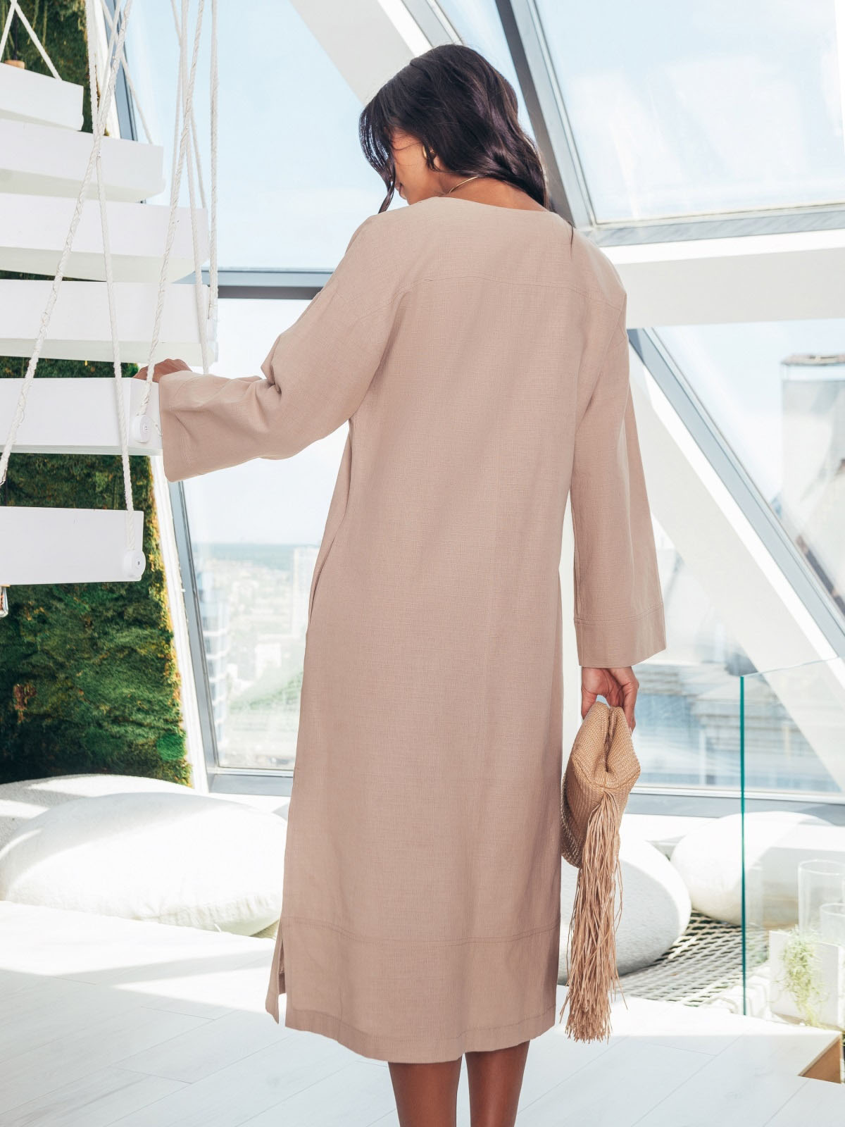 Бавовняна сукня-міді вільного крою бежева | 83945 Бавовняна сукня-міді вільного крою бежева | 83945