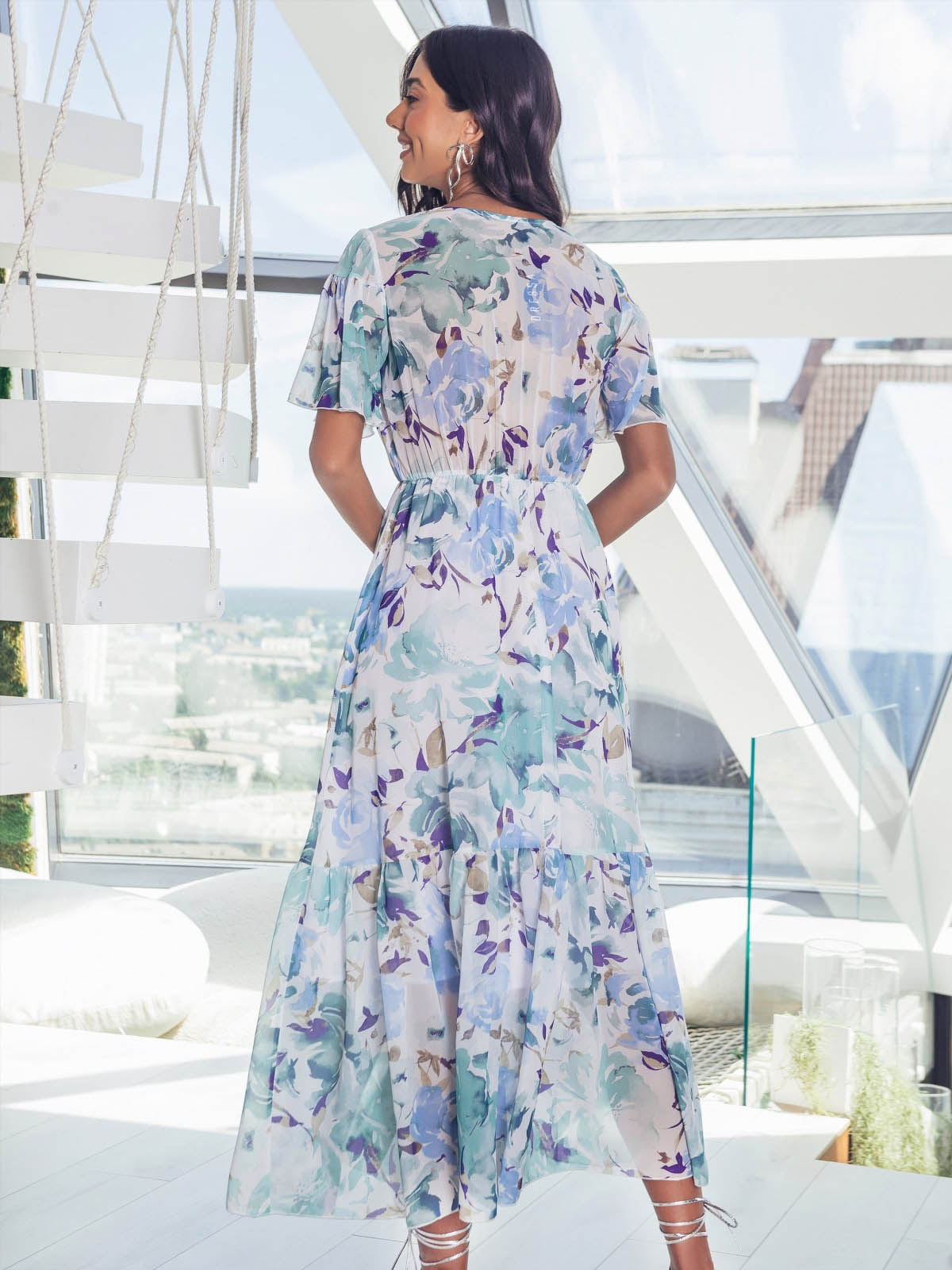 Літня шифонова сукня біла в принт з воланом | 83534