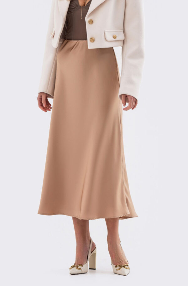Сатинова спідниця бежева міді довжини | 84434