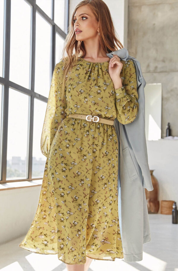 Демісезонне шифонове плаття хакі в квіти | 84428