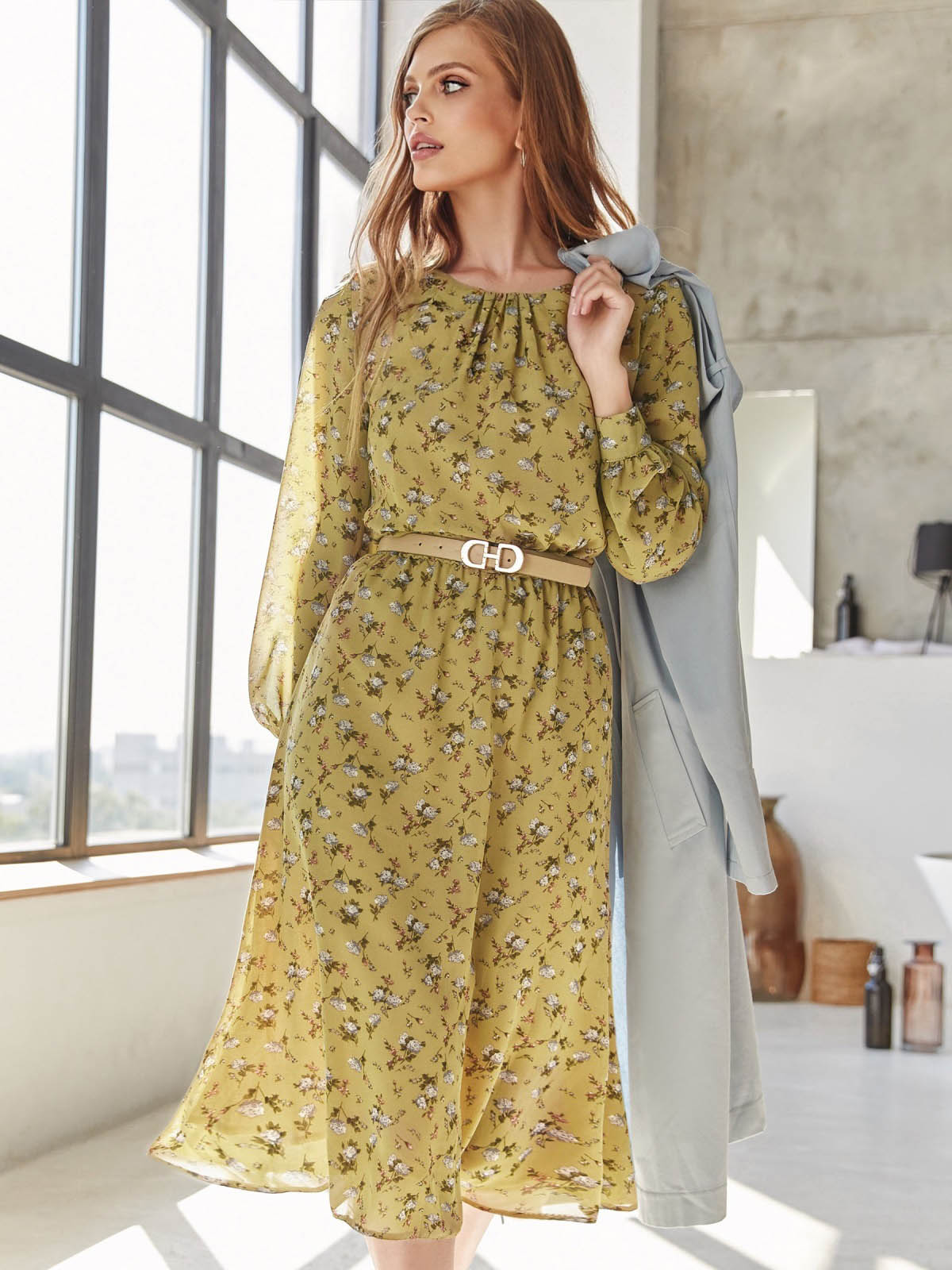 Демісезонне шифонове плаття хакі в квіти | 84428 Демісезонне шифонове плаття хакі в квіти | 84428