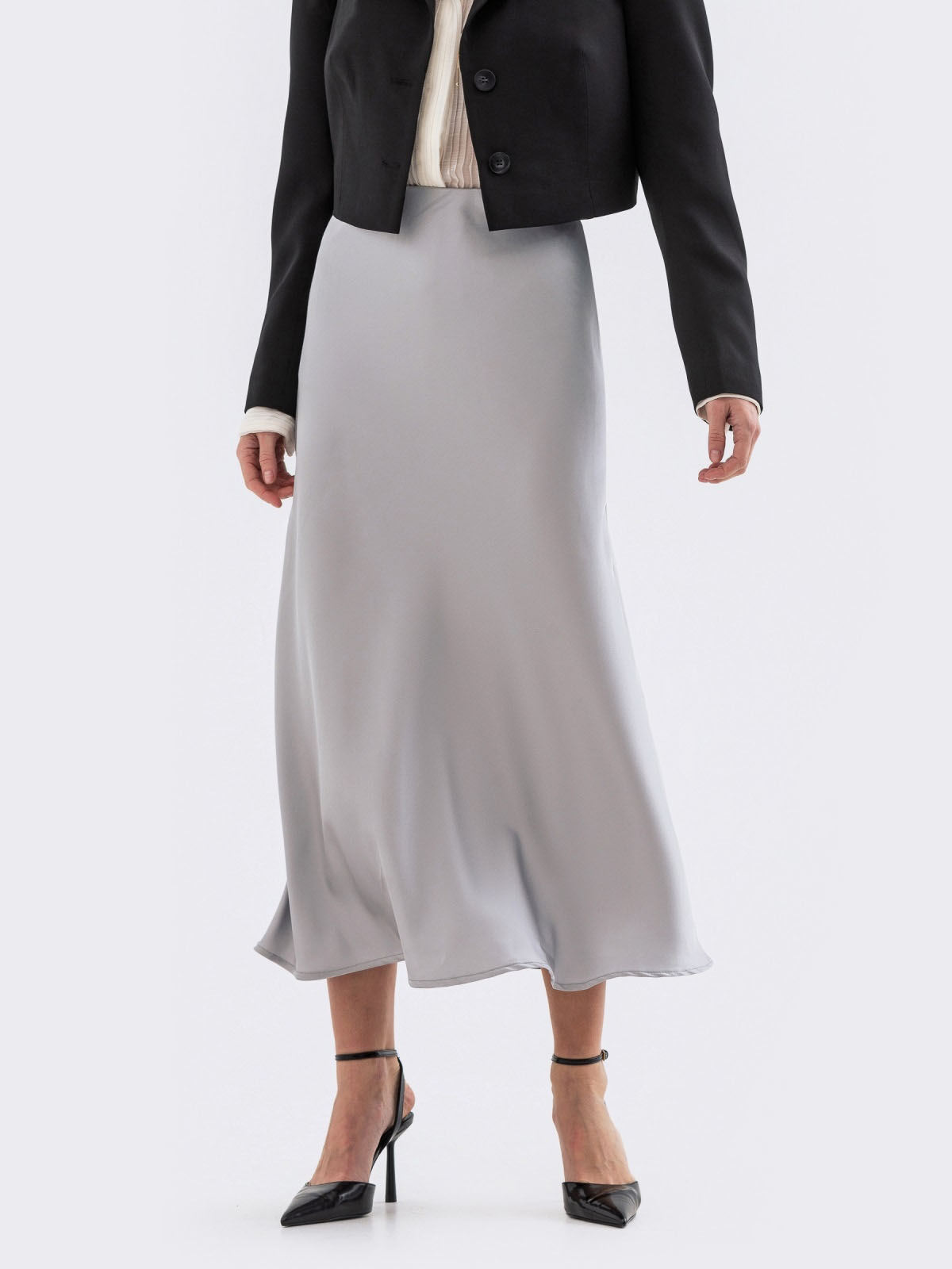 Сатинова спідниця сіра міді довжини | 84452 Сатинова спідниця сіра міді довжини | 84452