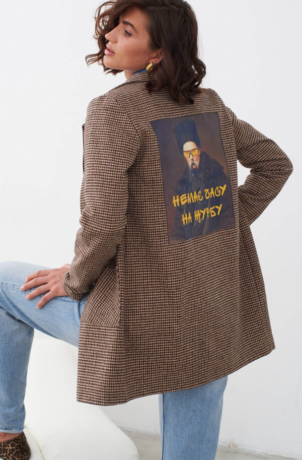 Твідовий піджак коричневий з принтом на спині | 84967