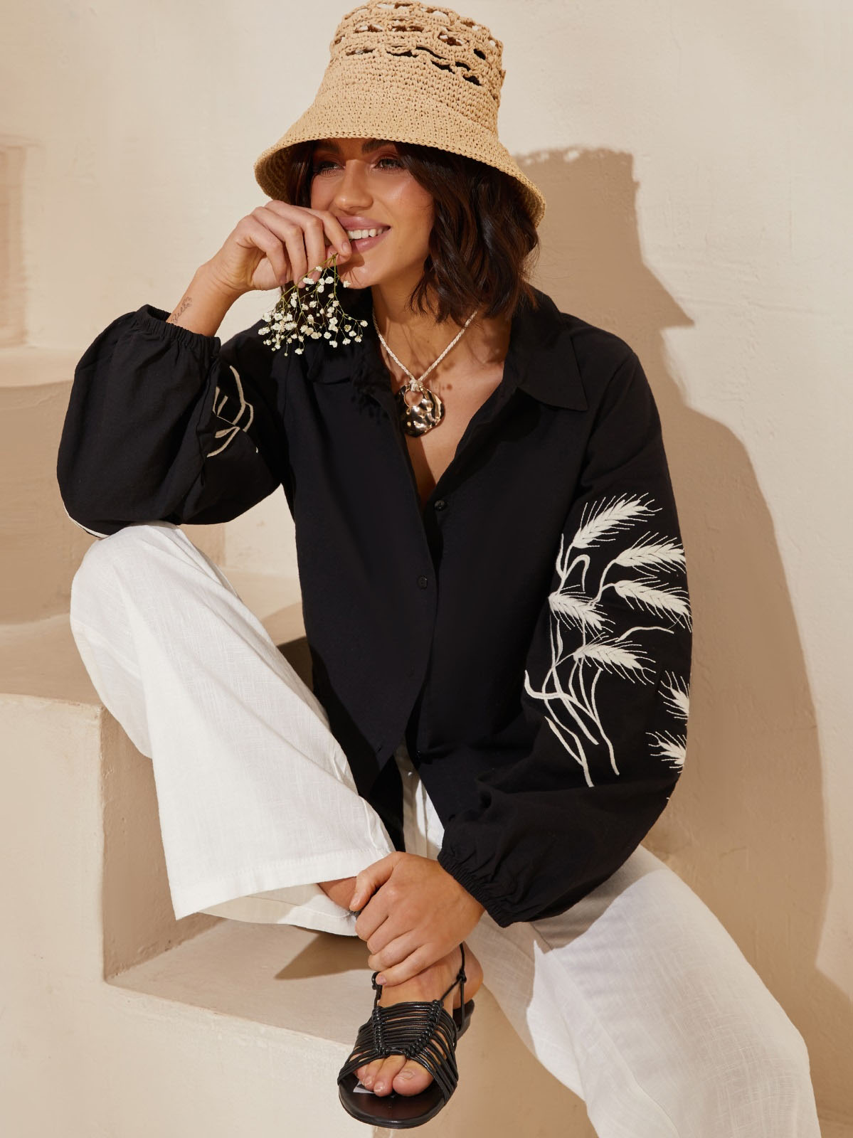 Сорочка з вишивкою Колоски чорна | 85365 Сорочка з вишивкою Колоски чорна | 85365