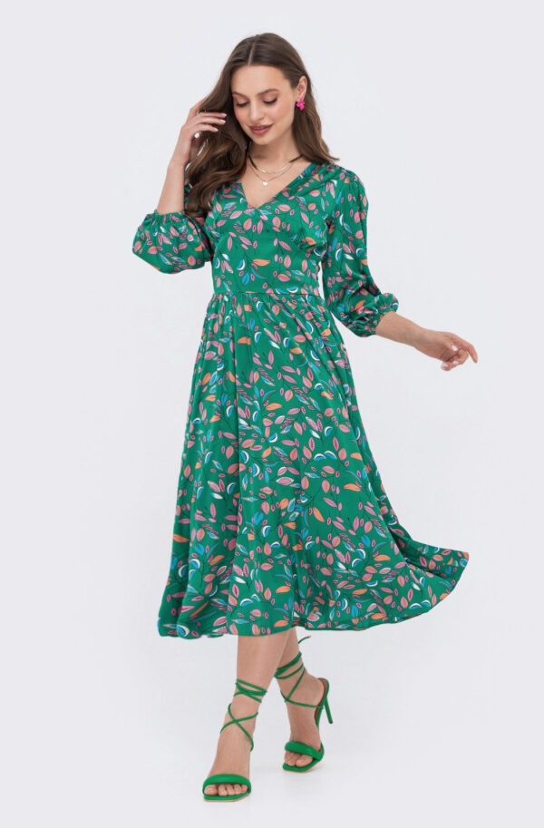 Шовкове плаття-кльош зелене в принт | 84898
