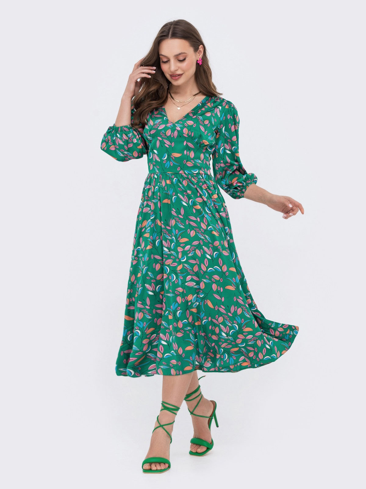 Шовкове плаття-кльош зелене в принт | 84898 Шовкове плаття-кльош зелене в принт | 84898