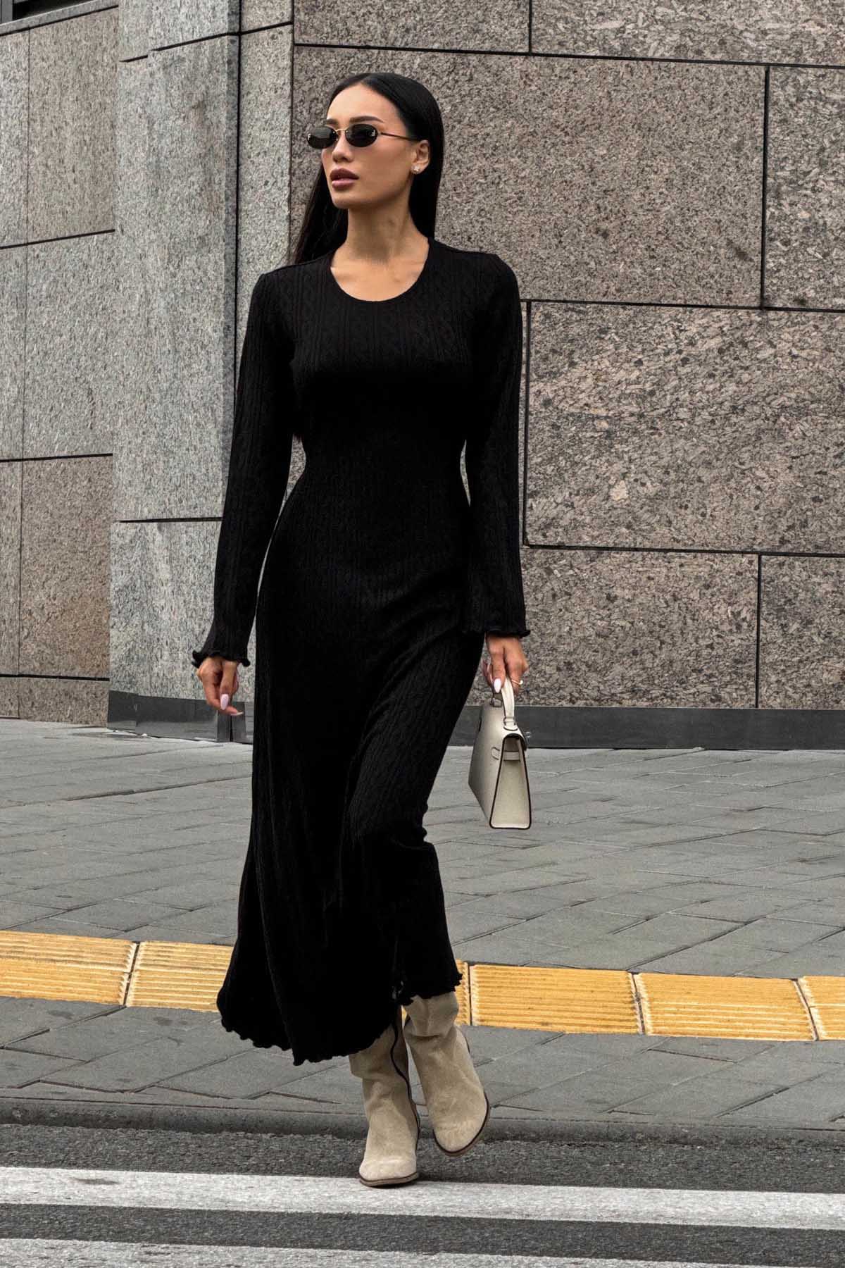 Довга в'язана сукня чорна з візерунком коси | 85318 Довга в'язана сукня чорна з візерунком коси | 85318