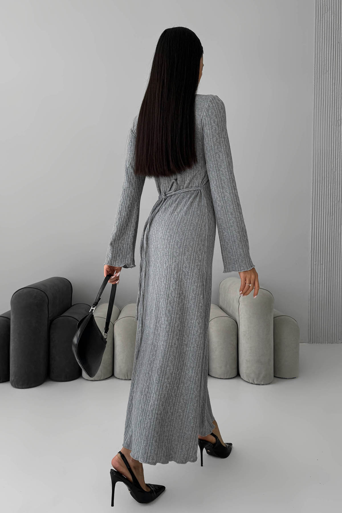 Довга в'язана сукня сіра з візерунком коси | 85330 Довга в'язана сукня сіра з візерунком коси | 85330