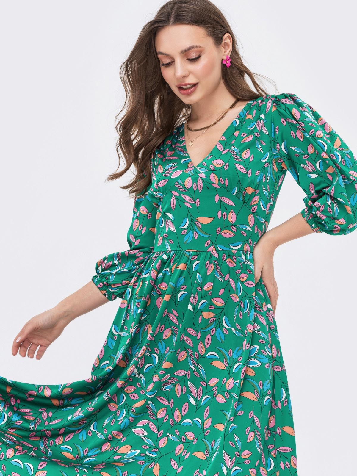 Шовкове плаття-кльош зелене в принт | 84898 Шовкове плаття-кльош зелене в принт | 84898