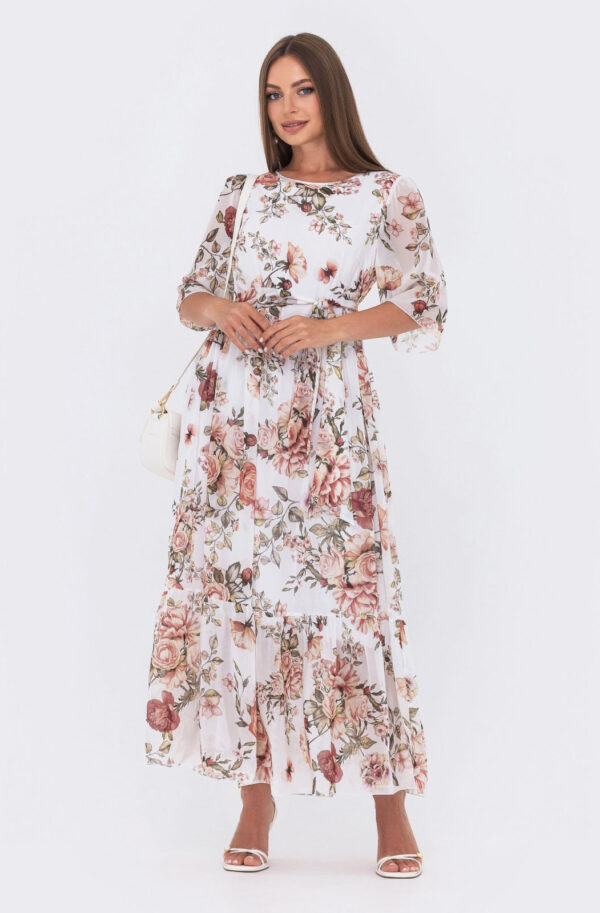 Шифонове плаття-максі біле в принт | 84916