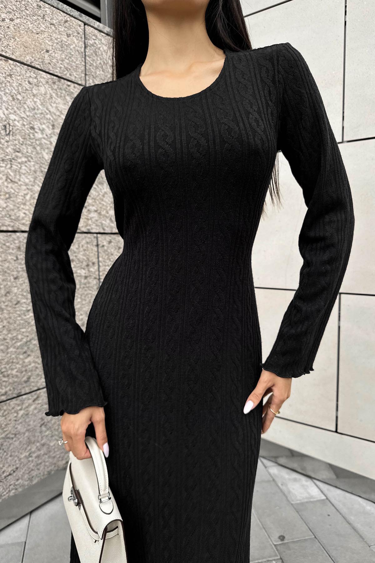 Довга в'язана сукня чорна з візерунком коси | 85318 Довга в'язана сукня чорна з візерунком коси | 85318