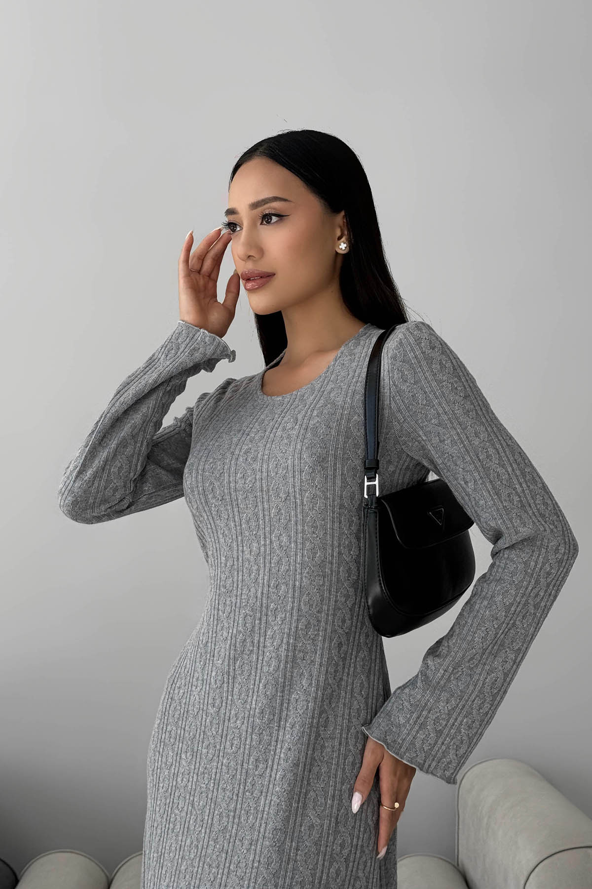 Довга в'язана сукня сіра з візерунком коси | 85330 Довга в'язана сукня сіра з візерунком коси | 85330
