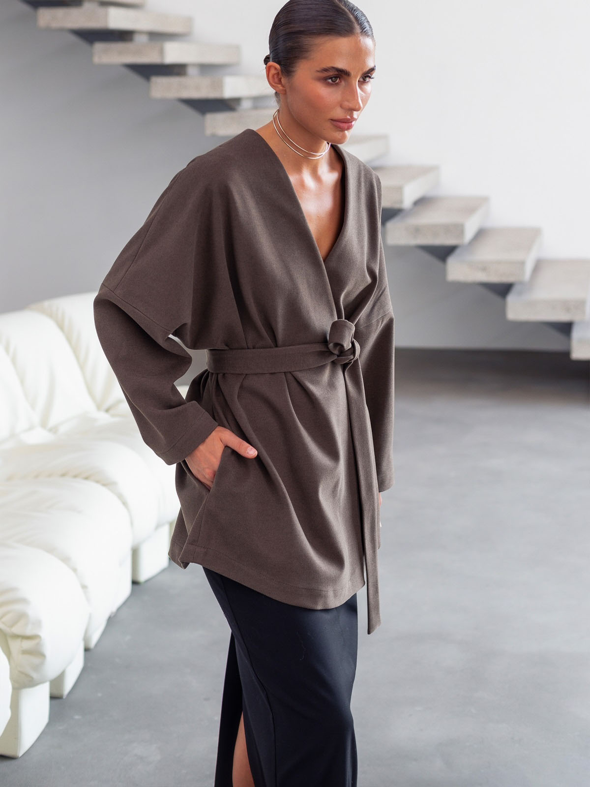 Кардиган-кімоно коричневий без підкладки | 85250 Кардиган-кімоно коричневий без підкладки | 85250