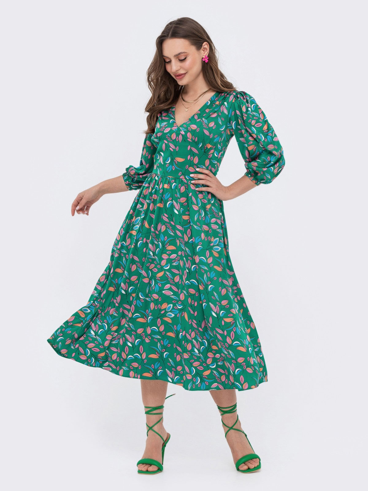 Шовкове плаття-кльош зелене в принт | 84898 Шовкове плаття-кльош зелене в принт | 84898