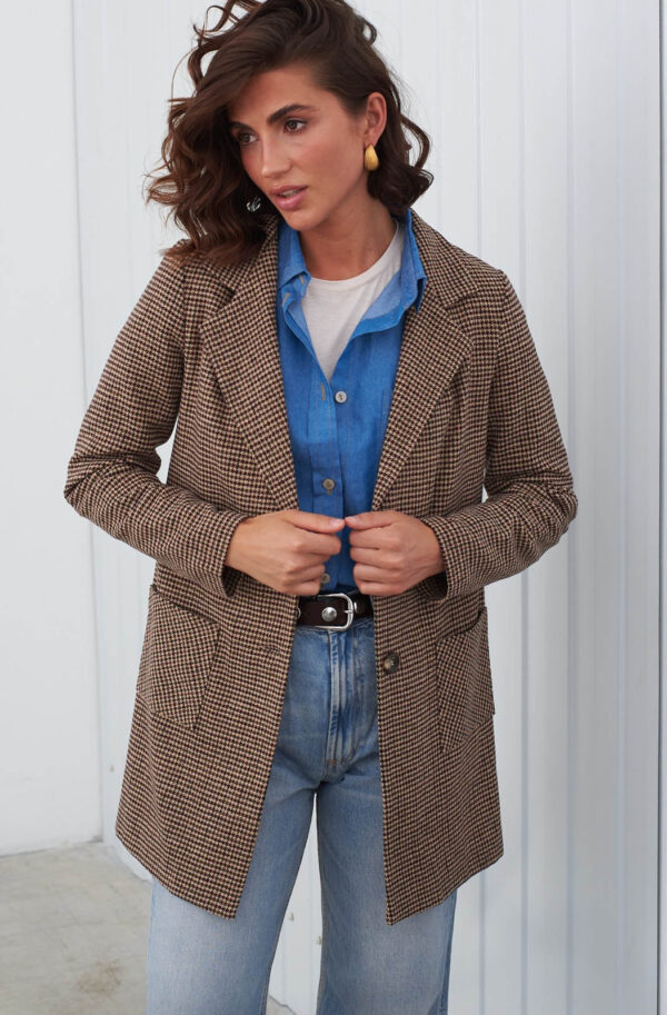 Твідовий піджак коричневий з принтом на спині | 84967