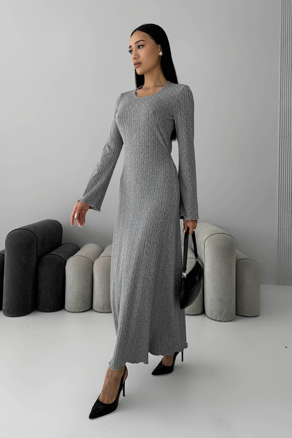 Довга в'язана сукня сіра з візерунком коси | 85330 Довга в'язана сукня сіра з візерунком коси | 85330