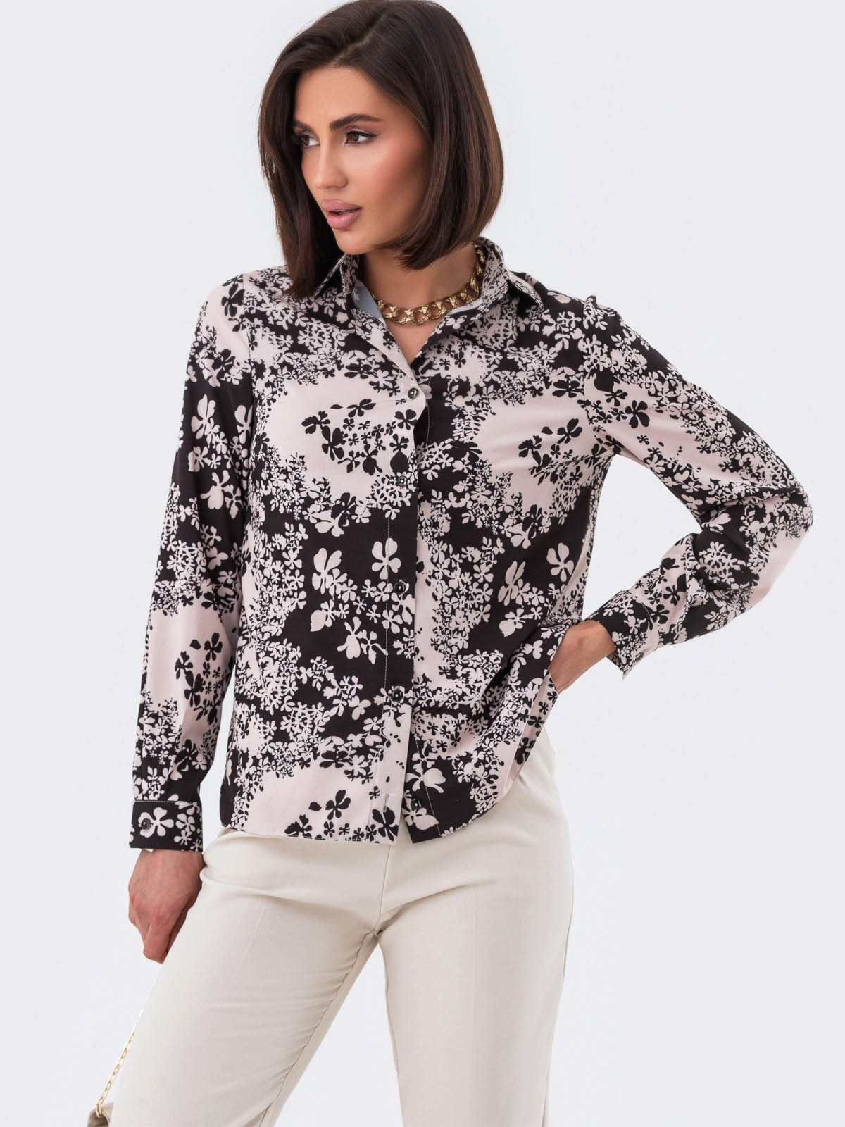 Стильна бежева сорочка з ексклюзивним принтом | 85277 Стильна бежева сорочка з ексклюзивним принтом | 85277