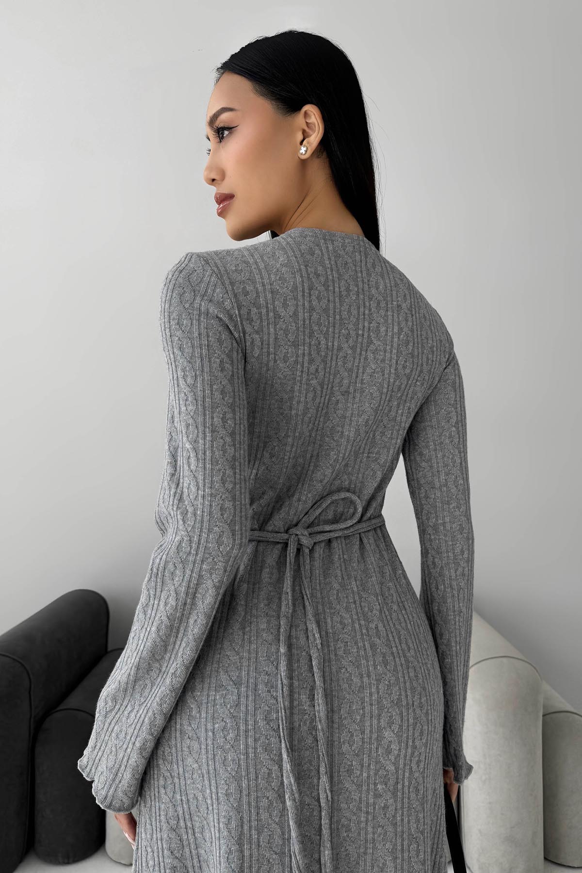 Довга в'язана сукня сіра з візерунком коси | 85330 Довга в'язана сукня сіра з візерунком коси | 85330