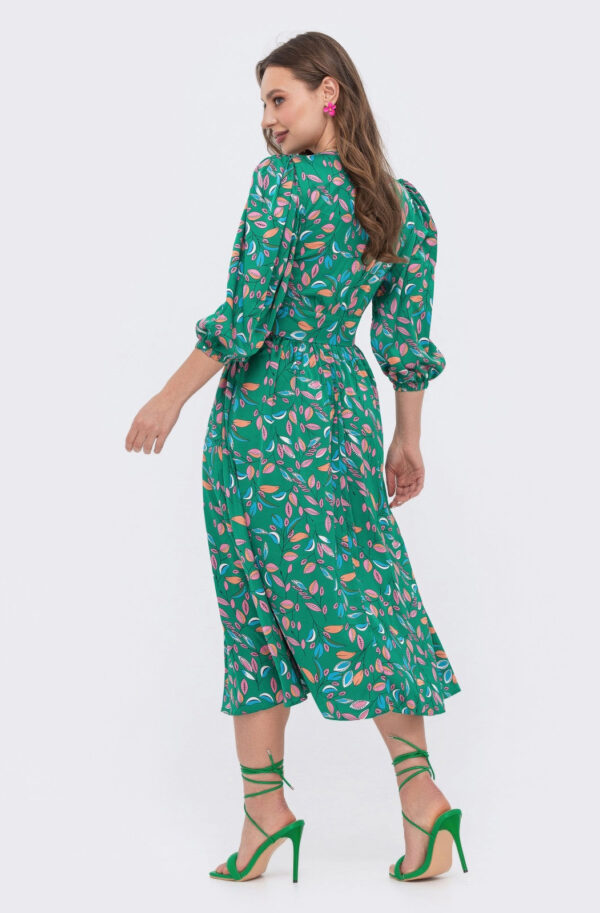 Шовкове плаття-кльош зелене в принт | 84898