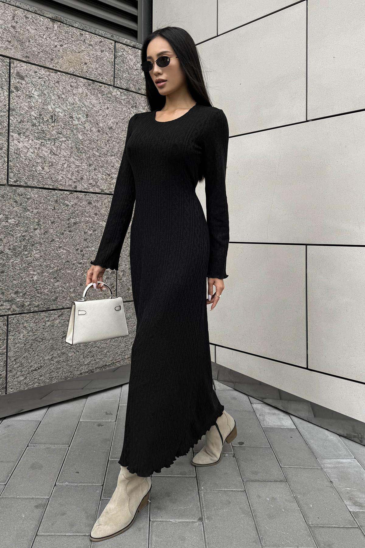 Довга в'язана сукня чорна з візерунком коси | 85318 Довга в'язана сукня чорна з візерунком коси | 85318