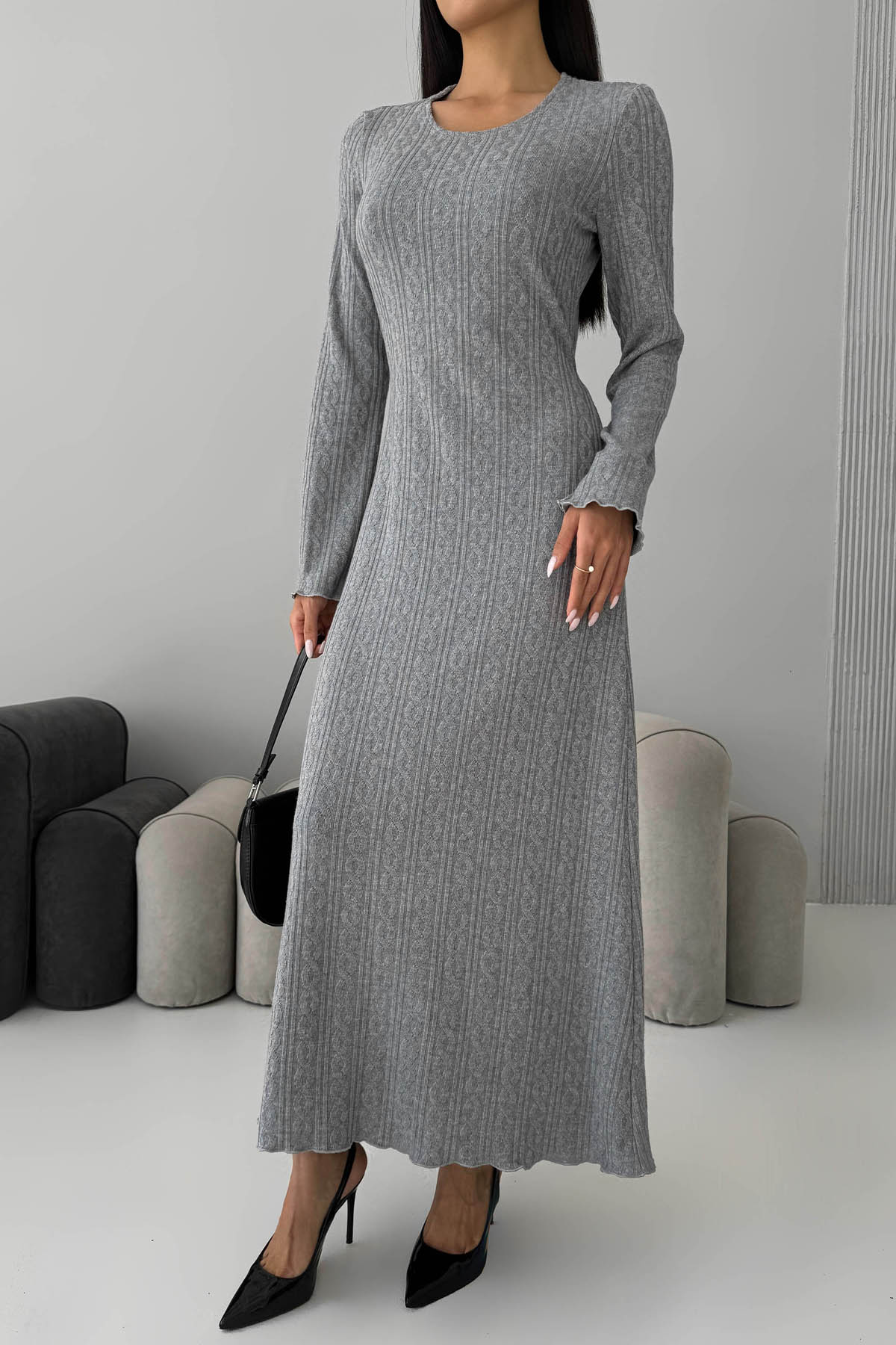 Довга в'язана сукня сіра з візерунком коси | 85330 Довга в'язана сукня сіра з візерунком коси | 85330