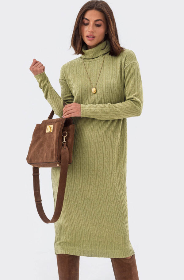 В'язана сукня-гольф з косами оливкова | 85813